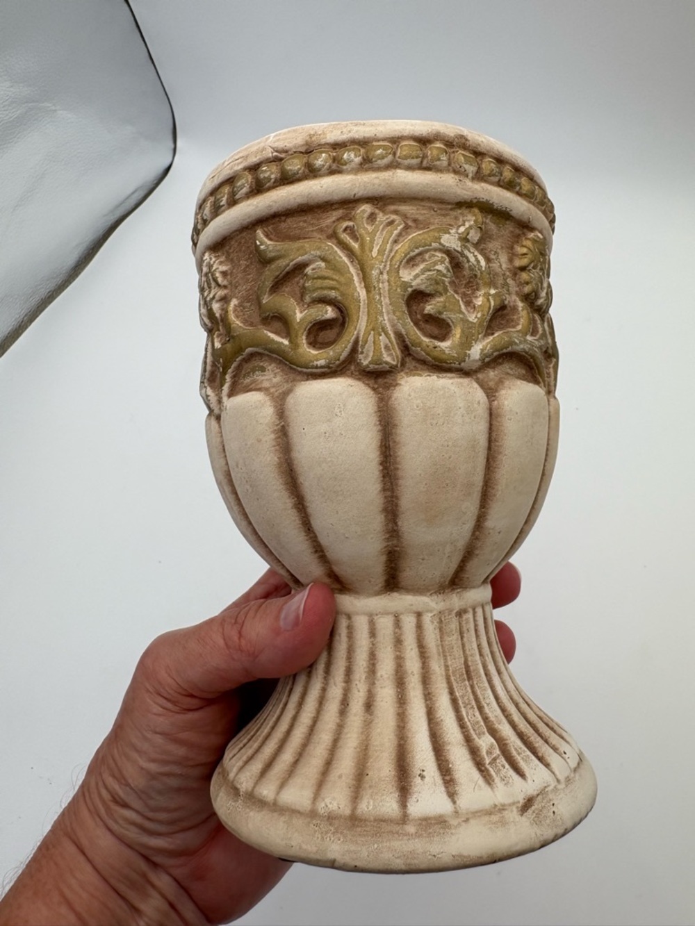 Vintage Grecian Style Cream and Golden Brown Ceramic Pedestal Vase or Planter - Picture 7 of 14